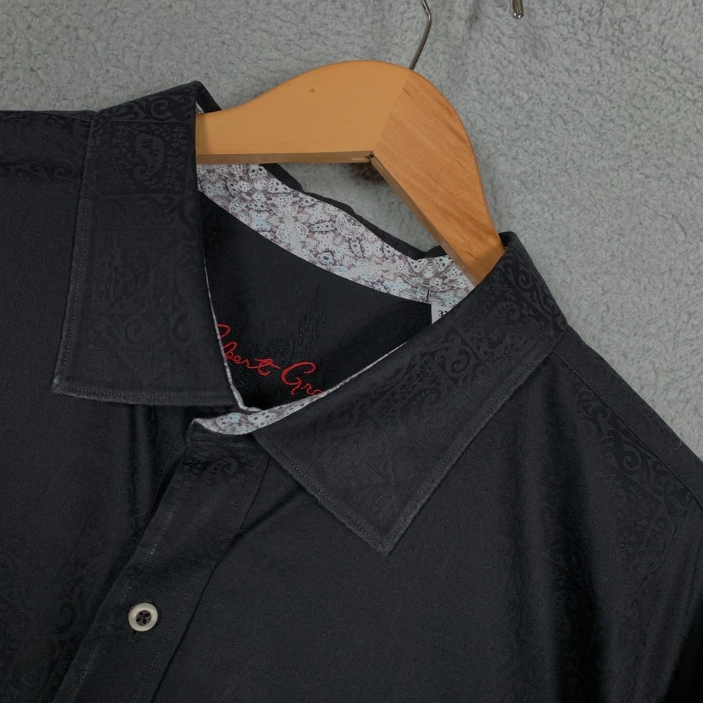 Robert Graham Button Up Shirt Men's 3XL Black Damask Jacquard Flip Cuff Luxury